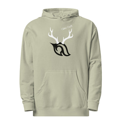 Product-only front view of Ciao Cult Antler Holiday Hoodie in dusty sage green showing Ciao Cult text and antler flame emblem.