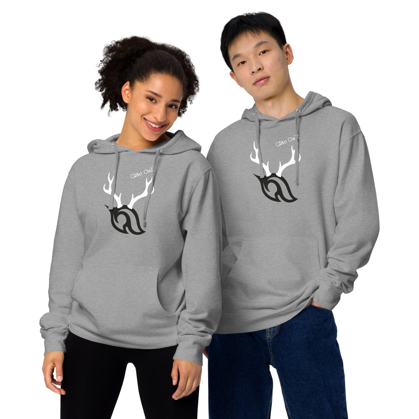Male and female models wearing Ciao Cult Antler Holiday Hoodie in gunmetal heather grey with antler flame design.
