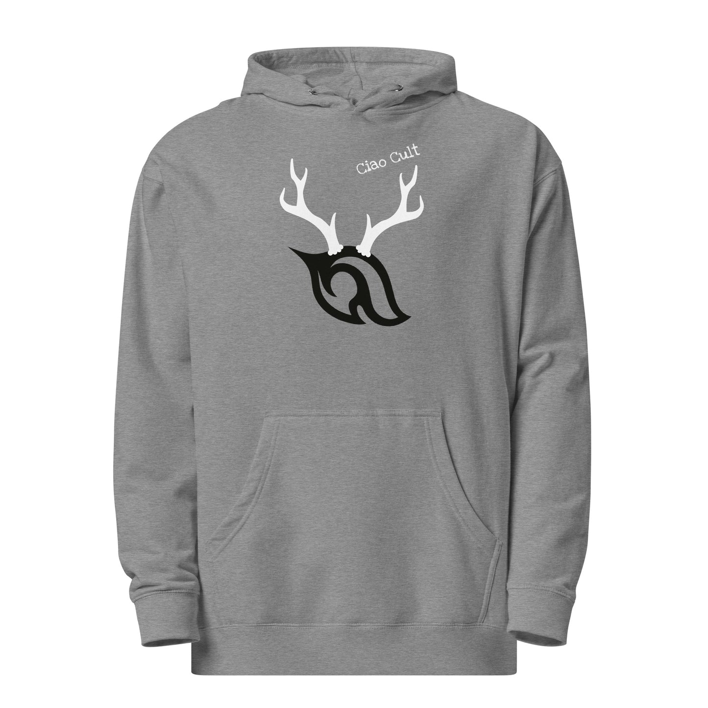 Product-only front view of Ciao Cult Antler Holiday Hoodie in gunmetal heather grey with antler flame and Ciao Cult text.
