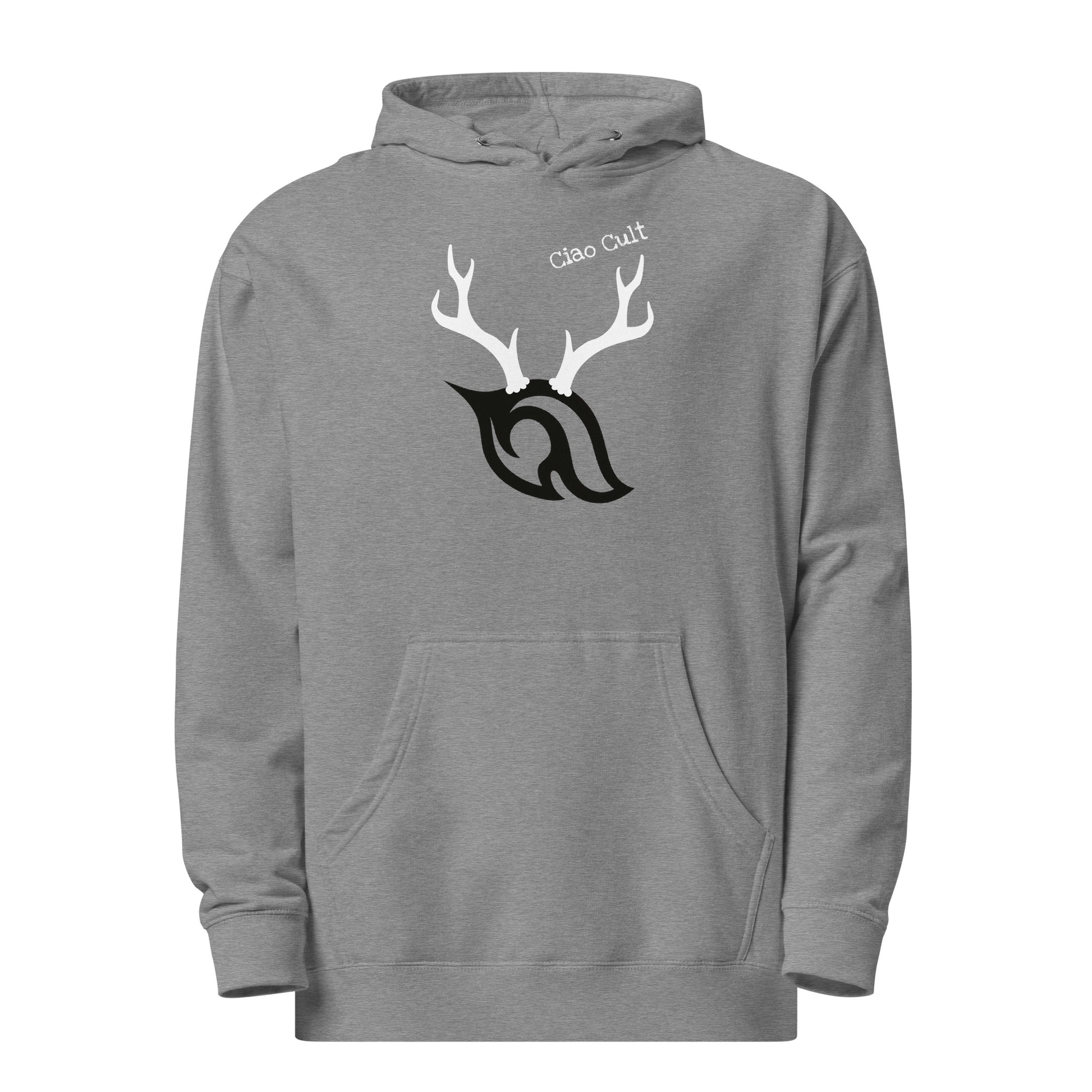 Product-only front view of Ciao Cult Antler Holiday Hoodie in gunmetal heather grey with antler flame and Ciao Cult text.