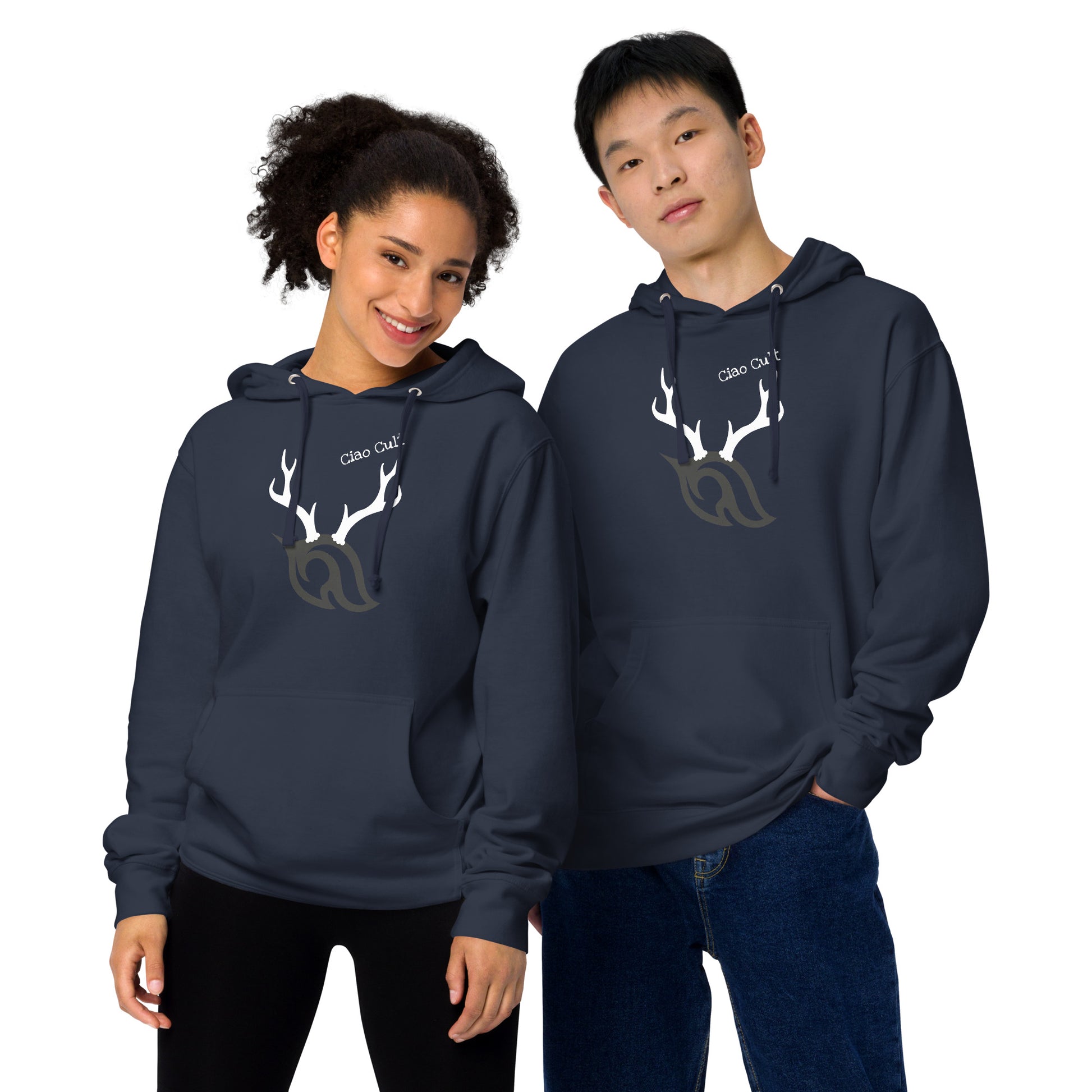 Male and female models wearing Ciao Cult Antler Holiday Hoodie in navy color featuring antler flame logo and Ciao Cult text.