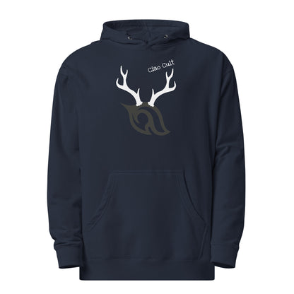 Front view product image of Ciao Cult Antler Holiday Hoodie in navy featuring antler flame logo and Ciao Cult text.