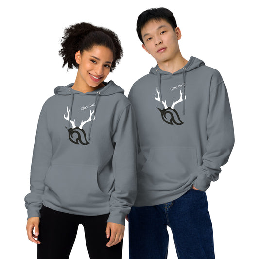 Male and female models posing together wearing Ciao Cult Antler Holiday Hoodie in storm blue with antler flame design.