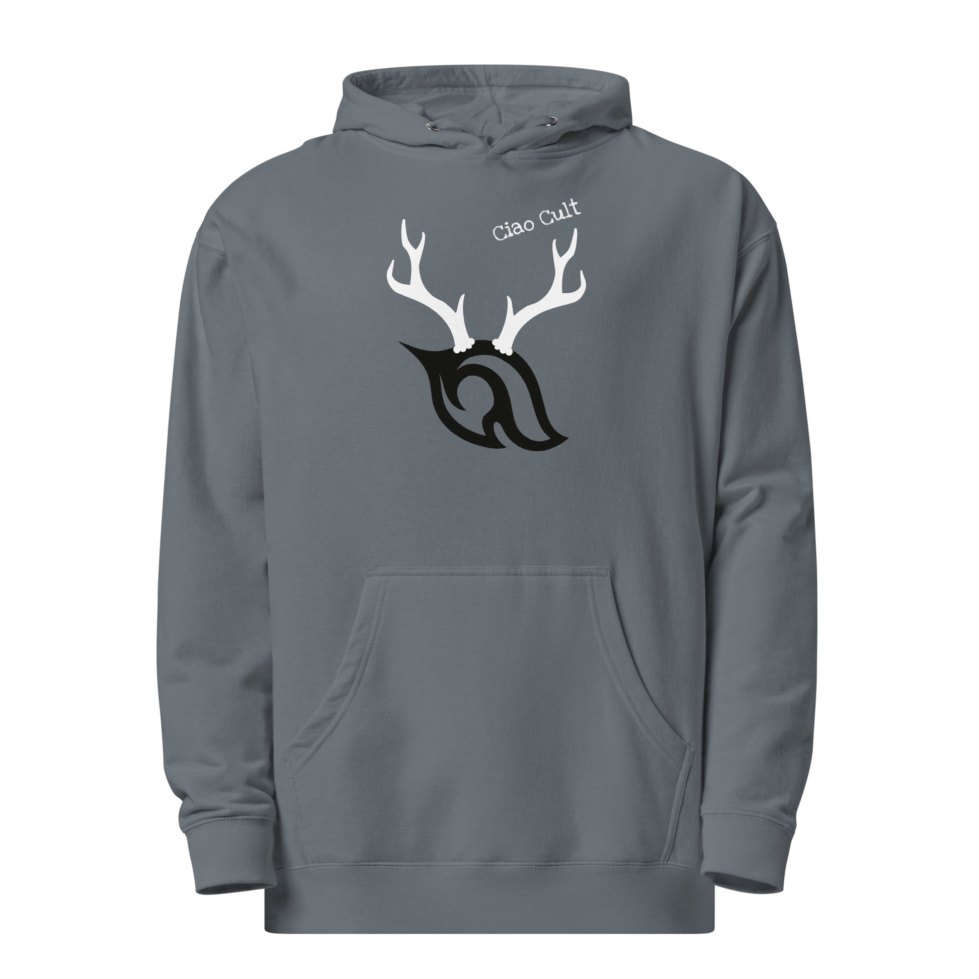Product-only front view of Ciao Cult Antler Holiday Hoodie in storm blue showing antler flame design and Ciao Cult text above.