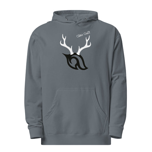 Product-only front view of Ciao Cult Antler Holiday Hoodie in storm blue showing antler flame design and Ciao Cult text above.