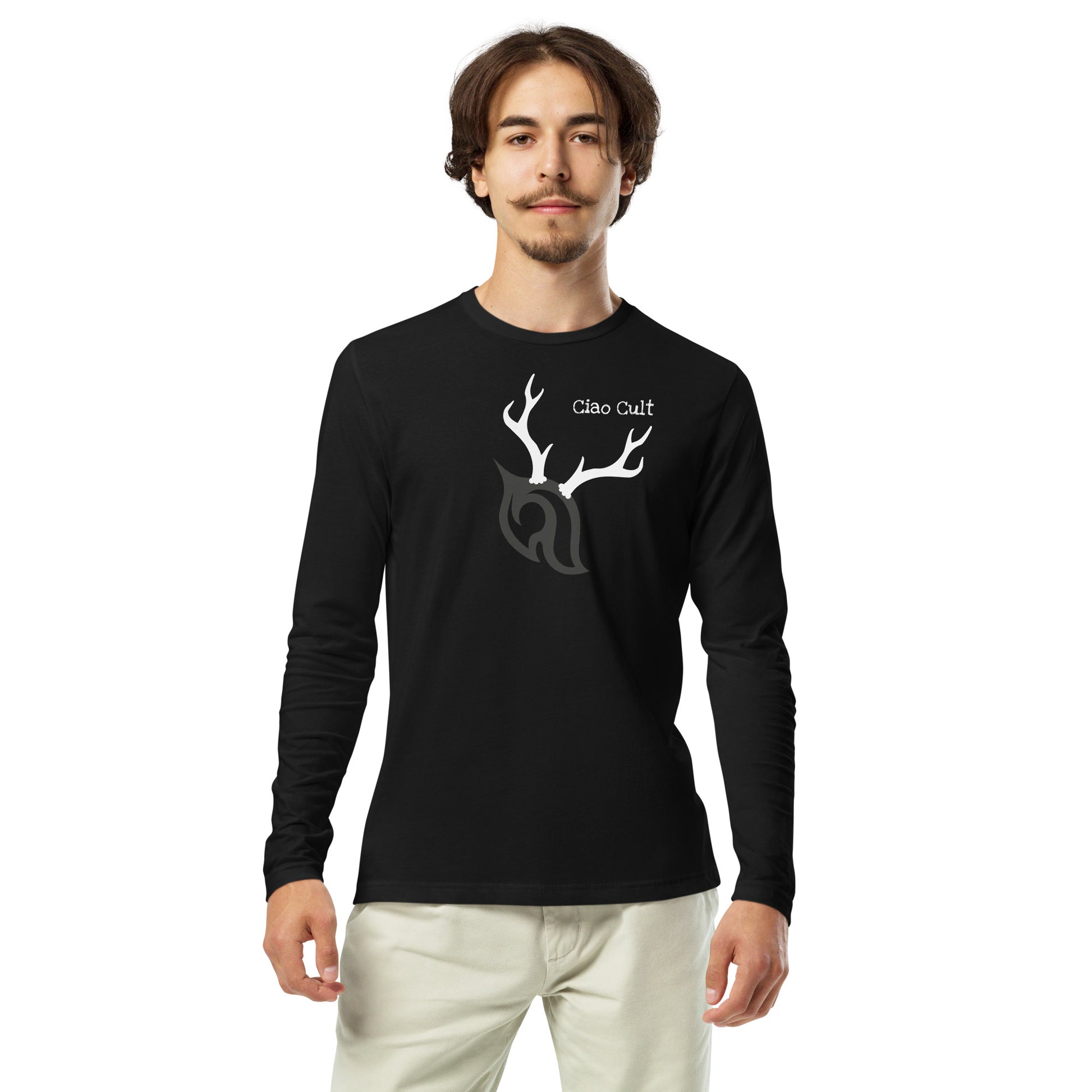 Male model front-facing pose wearing Ciao Cult Antler Holiday Special Edition Long Sleeve Fitted Crew in black, fitted streetwear style.