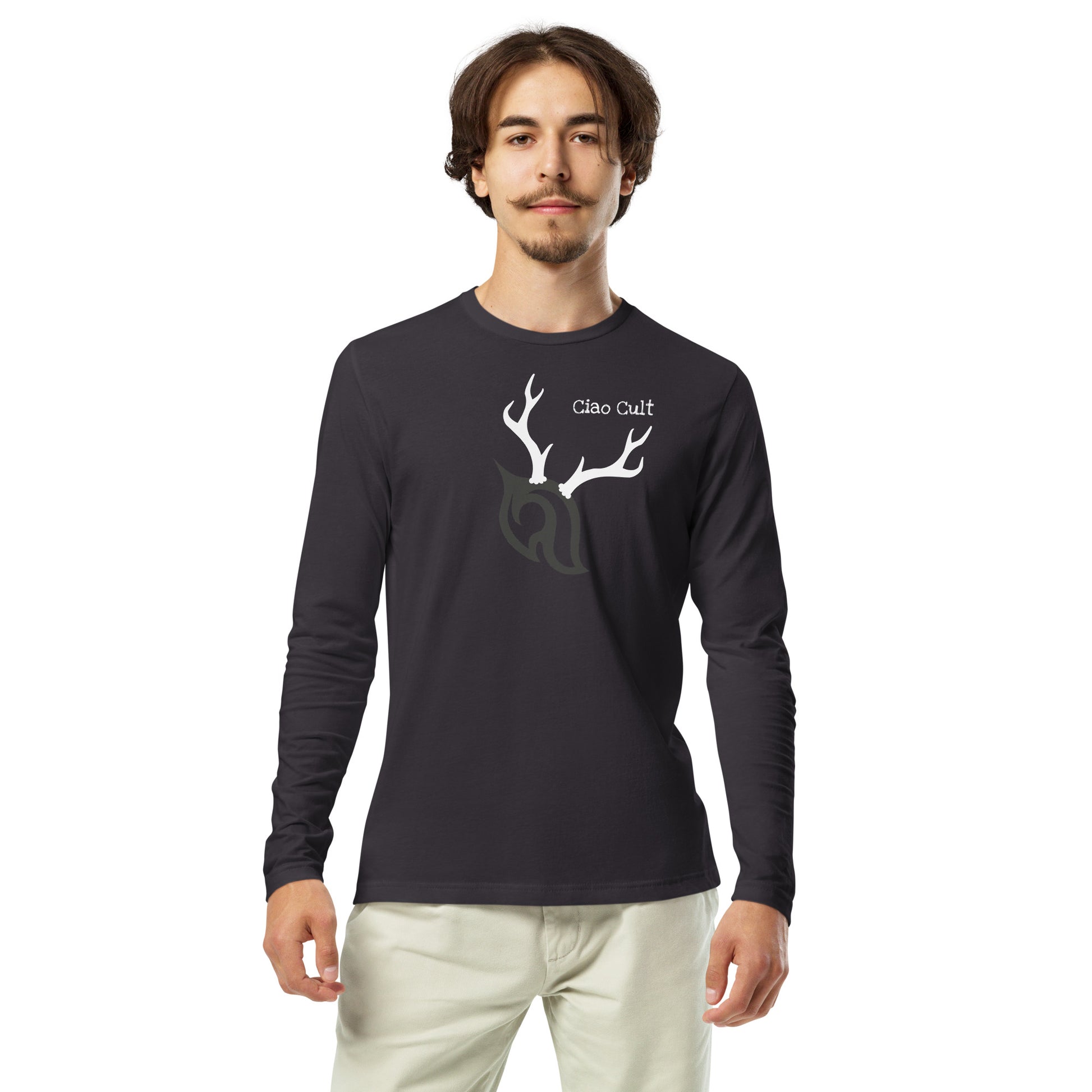 Male model front-facing pose wearing Ciao Cult Antler Holiday Special Edition Long Sleeve Fitted Crew in heavy metal grey color.