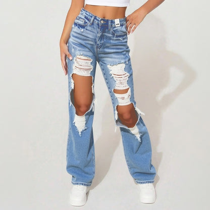 Model wearing Ciao Cult Women’s High-Waist Ripped Straight-Leg Jeans, front waist-down view showing fit and ankle length.