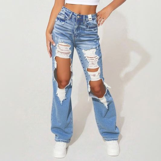 Model wearing Ciao Cult Women’s High-Waist Ripped Straight-Leg Jeans, front waist-down view showing fit and ankle length.