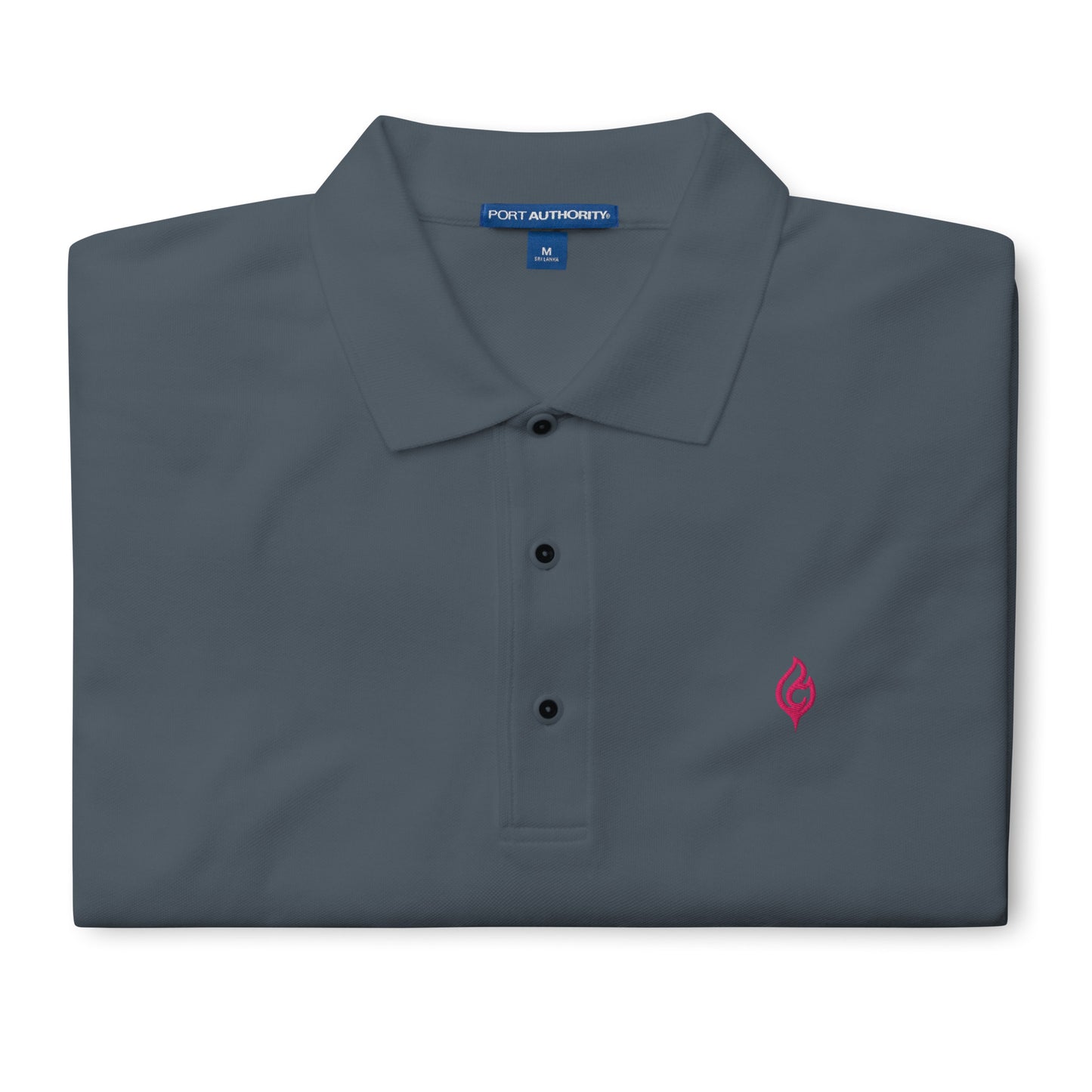 Folded Ciao Cult Men’s Signature Flame Polo in steel grey showing flamingo-pink embroidered flame emblem.