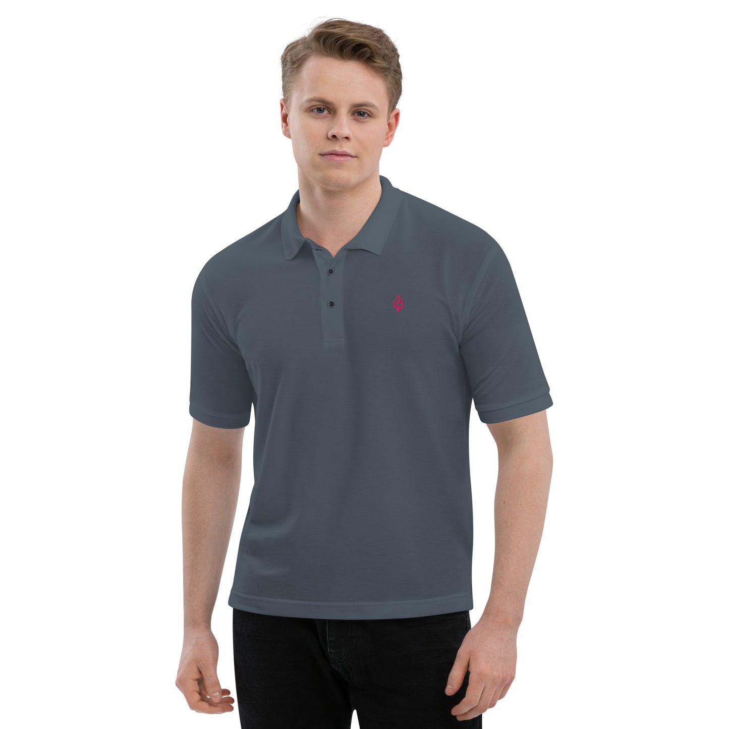 Male model front view wearing Ciao Cult Men’s Signature Flame Polo in steel grey with flamingo-pink flame emblem.