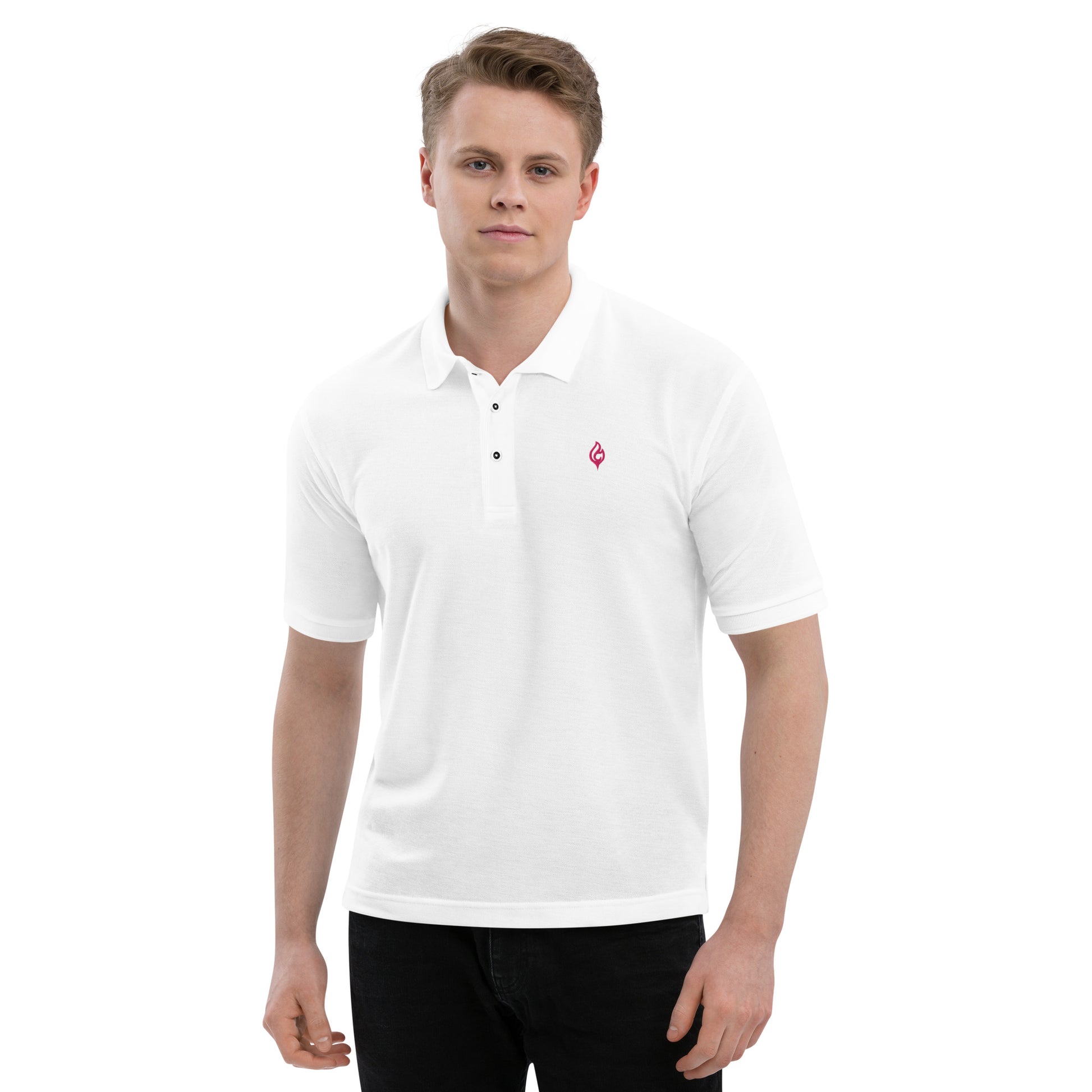 Male model front view wearing Ciao Cult Men’s Signature Flame Polo in white with flamingo-pink flame emblem.