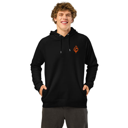 Male model front pose wearing Ciao Cult Orange Flame Organic Hoodie in black with flame logo, white background.