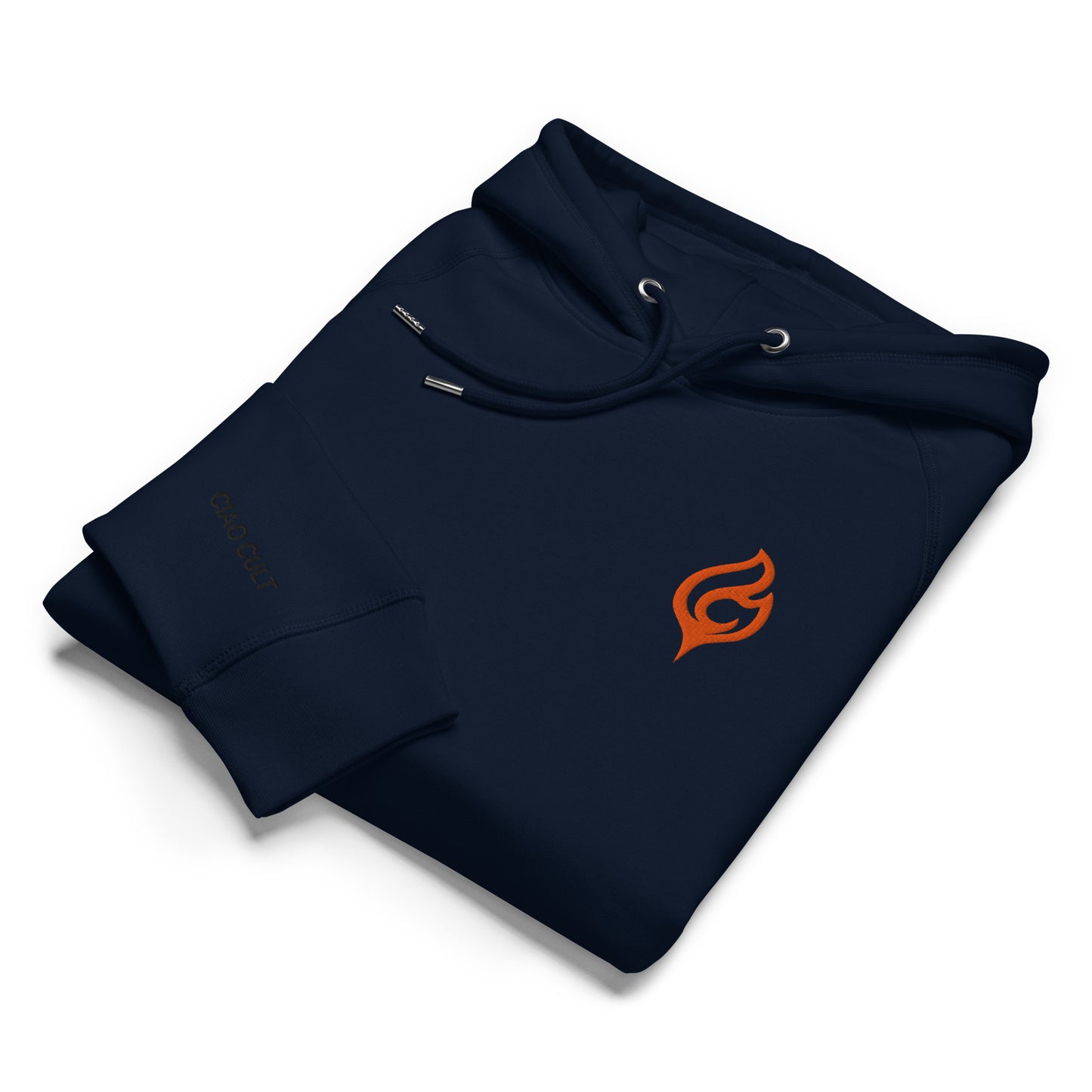 Folded Ciao Cult Orange Flame Organic Hoodie in French Navy showing chest flame logo and right sleeve “Ciao Cult” text.