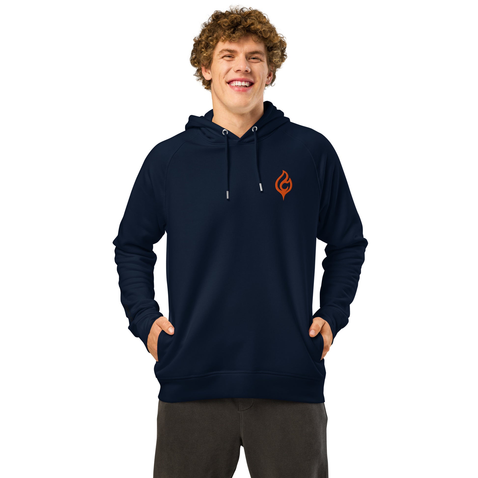 Male model front pose wearing Ciao Cult Orange Flame Organic Hoodie in French Navy with flame logo, white background.