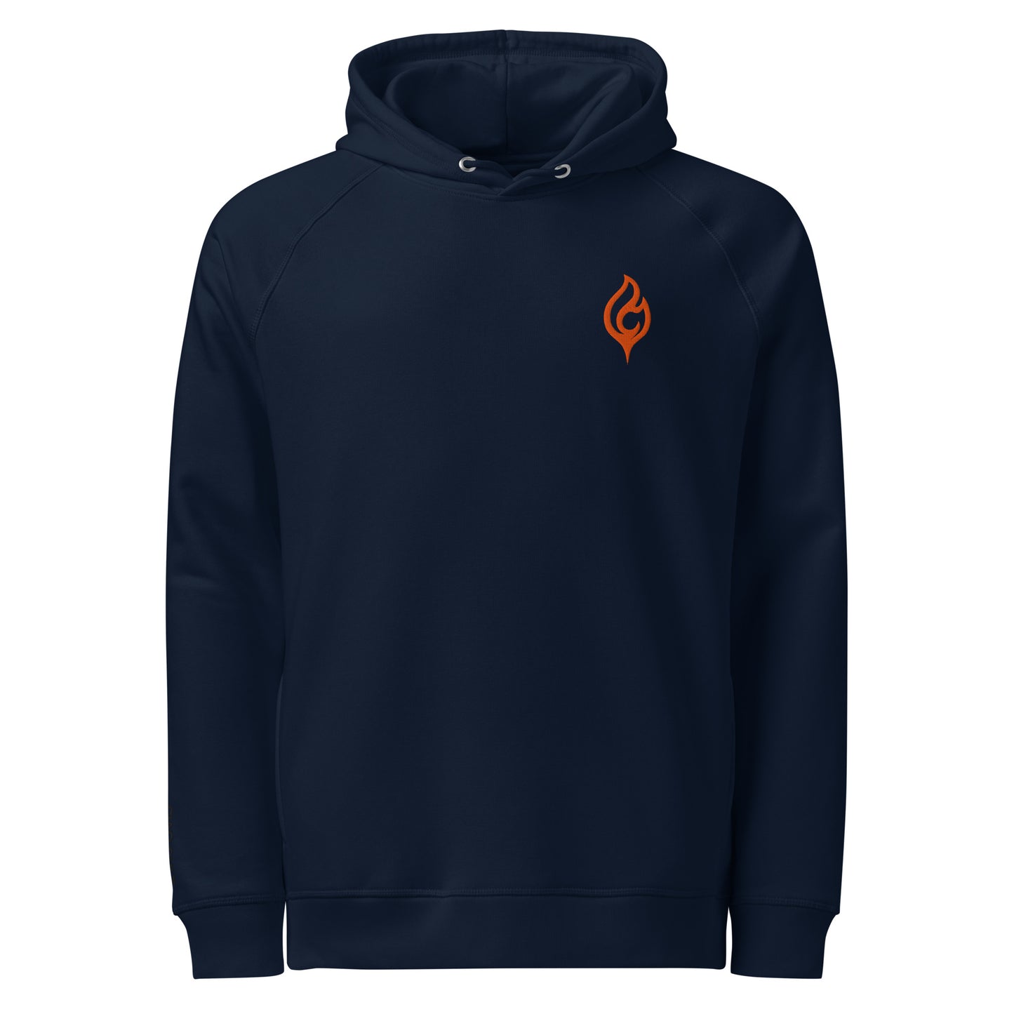 Product-only image of Ciao Cult Orange Flame Organic Hoodie in French Navy, front view with flame logo on chest.