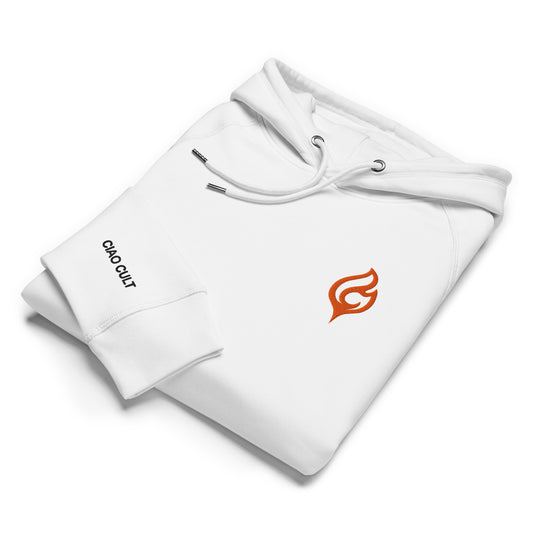 Folded Ciao Cult Orange Flame Organic Hoodie in white showing chest flame logo and right sleeve “Ciao Cult” text.