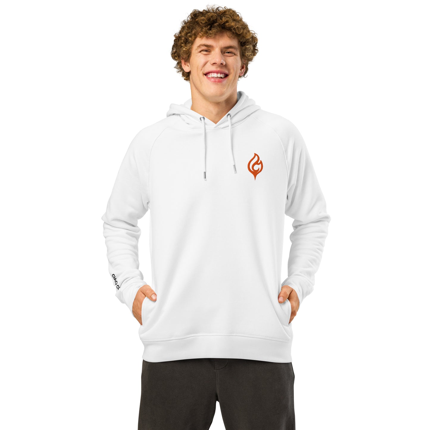 Male model front pose wearing Ciao Cult Orange Flame Organic Hoodie in white with flame logo, white background.