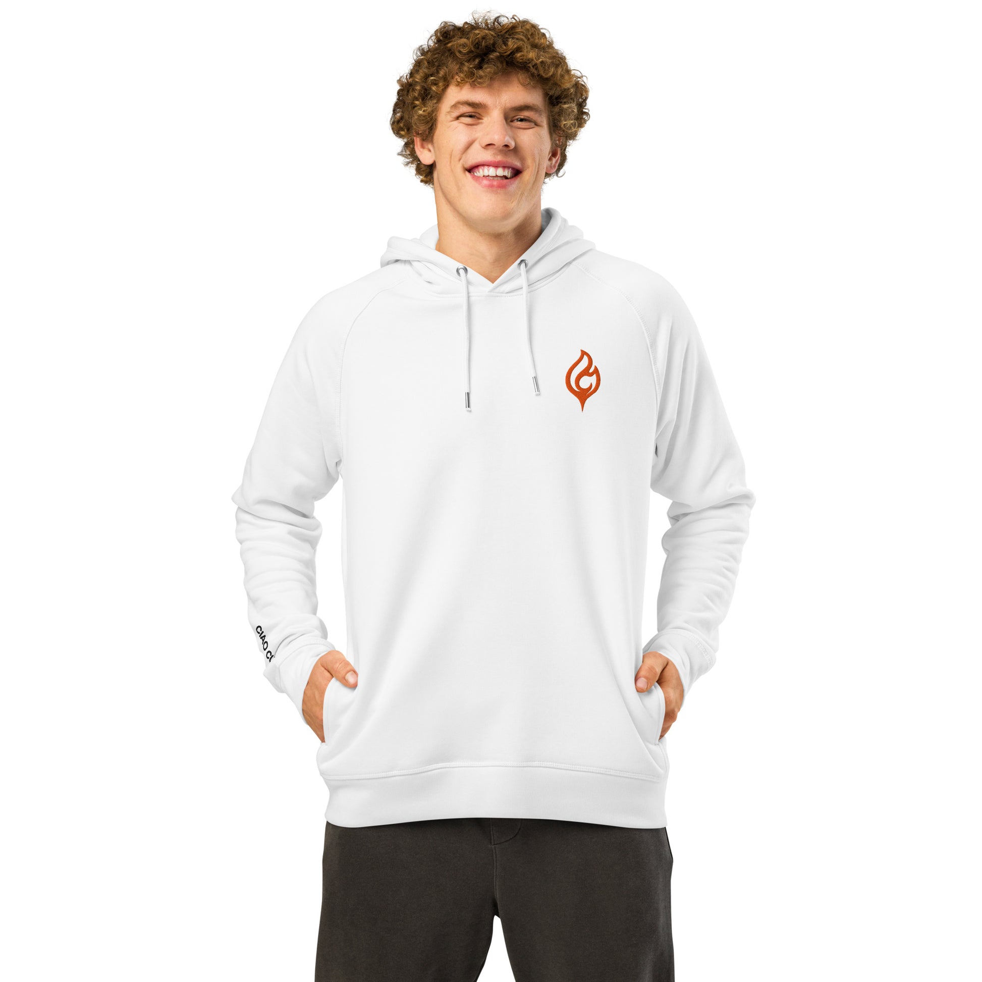 Male model front pose wearing Ciao Cult Orange Flame Organic Hoodie in white with flame logo, white background.