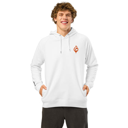 Male model front pose wearing Ciao Cult Orange Flame Organic Hoodie in white with flame logo, white background.