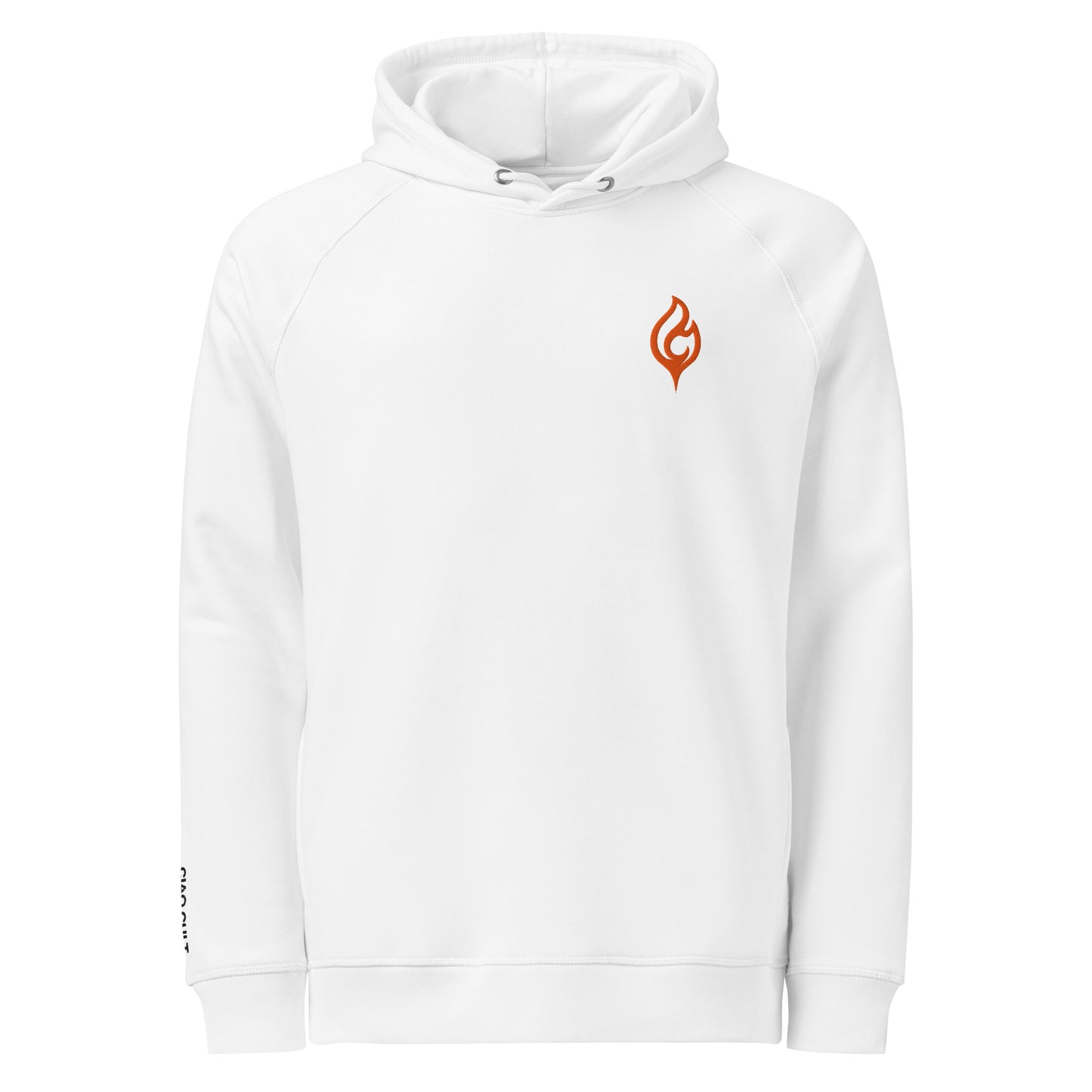 Product-only image of Ciao Cult Orange Flame Organic Hoodie in white, front view with flame logo on chest.