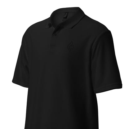 Product-only invisible mannequin mockup of Ciao Cult Tonal Black-on-Black Signature Flame Polo, angled front view showing tonal logo.