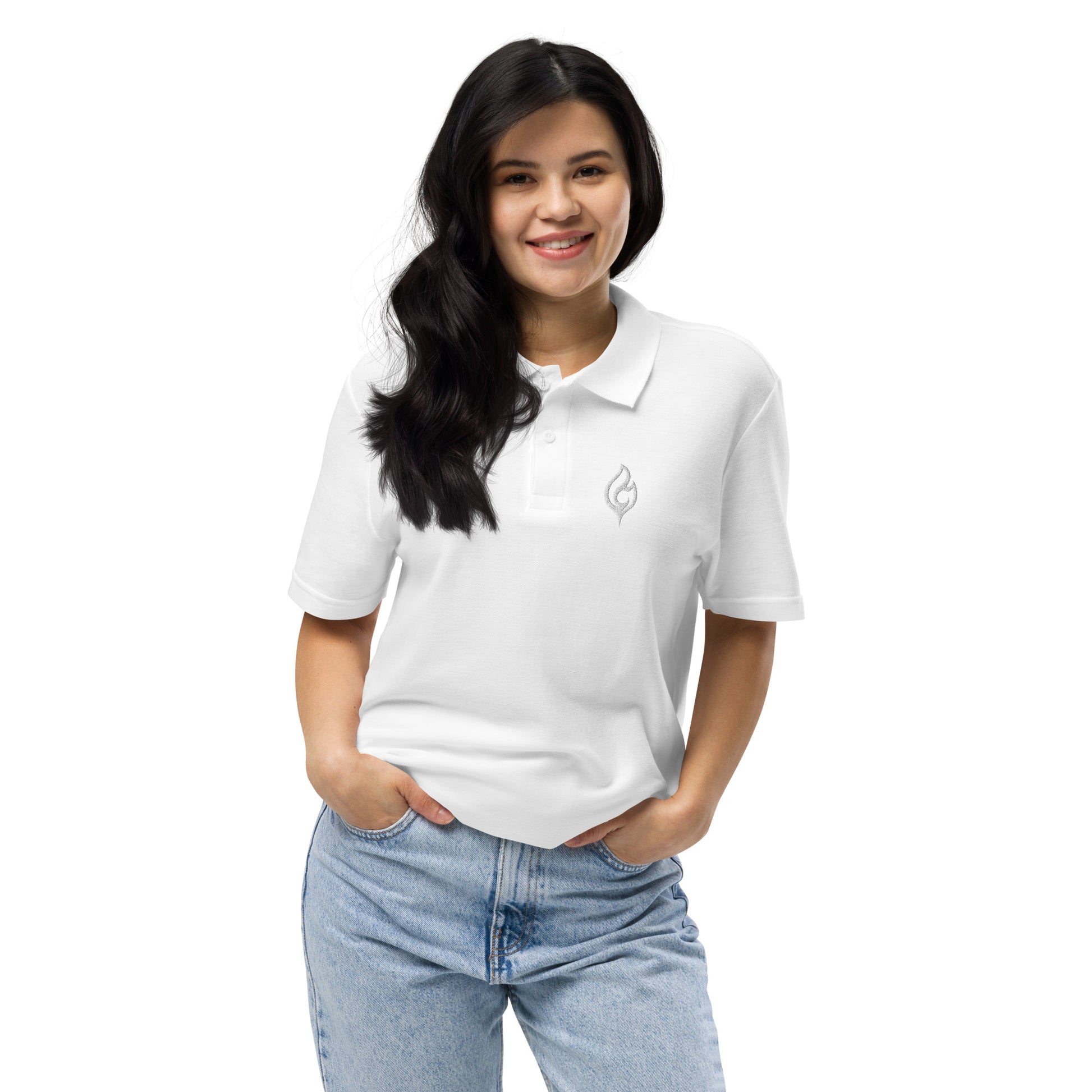 Female model smiling front view wearing Ciao Cult Tonal White-on-White Signature Flame Polo with jeans, hands in pockets, casual chic style.