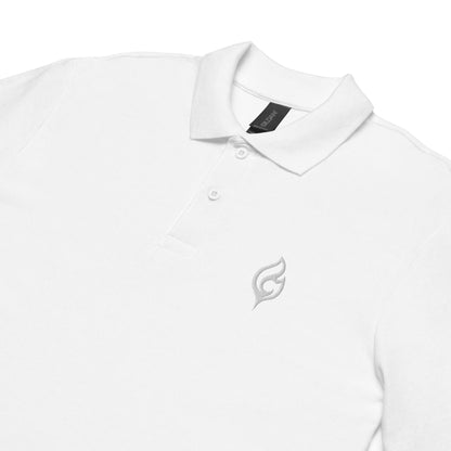 Flat lay close-up of Ciao Cult Tonal White-on-White Signature Flame Polo showing tonal embroidered flame emblem on chest.