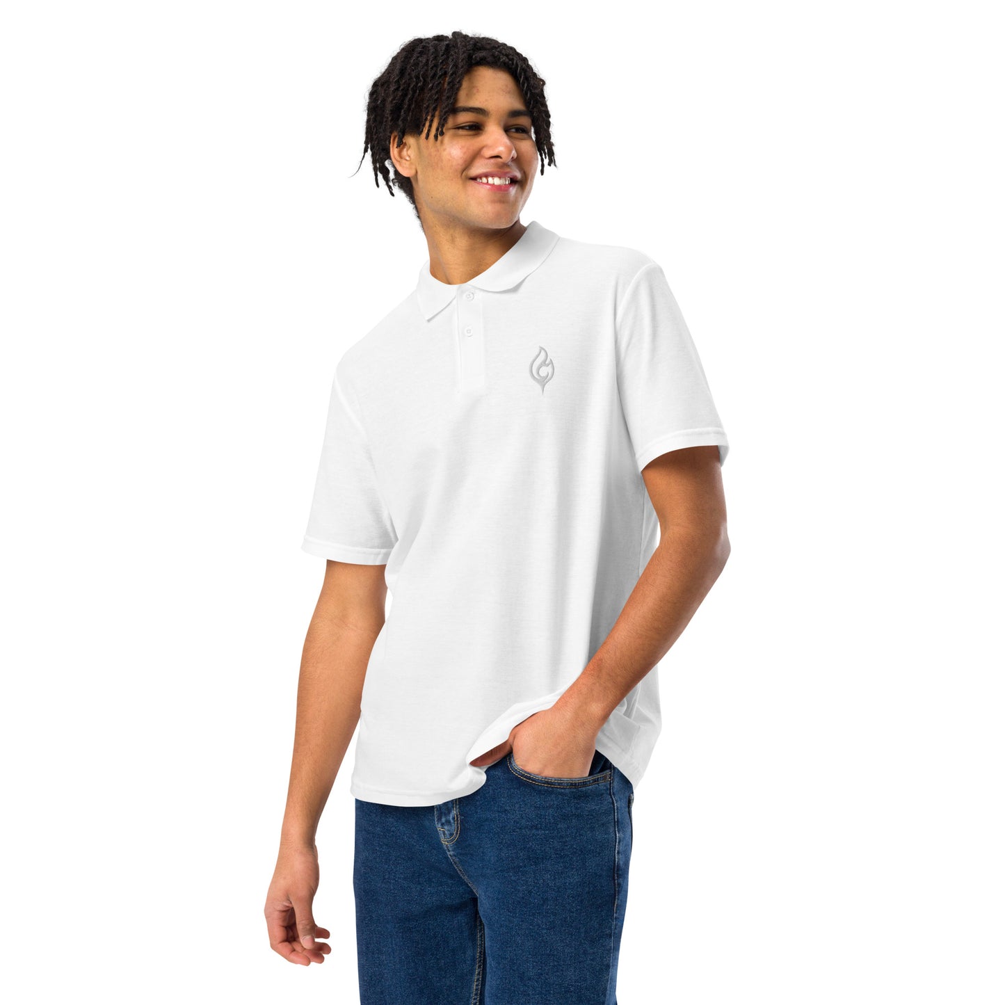 Male model close-up angled pose wearing Ciao Cult Tonal White-on-White Signature Flame Polo, tonal embroidered flame emblem on chest.