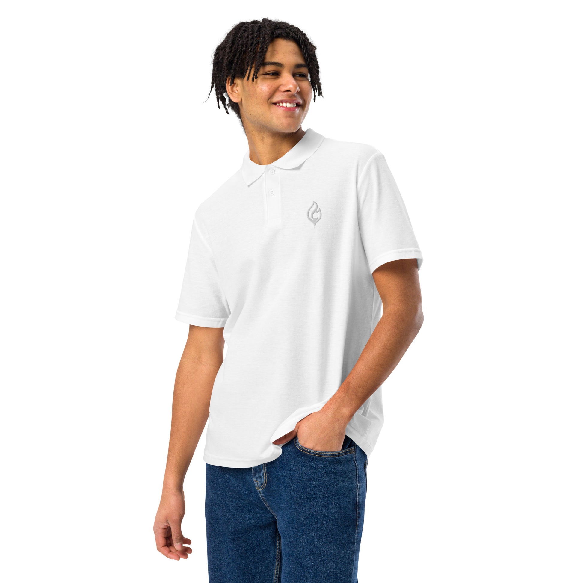 Male model close-up angled pose wearing Ciao Cult Tonal White-on-White Signature Flame Polo, tonal embroidered flame emblem on chest.