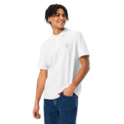 Male model close-up angled pose wearing Ciao Cult Tonal White-on-White Signature Flame Polo, tonal embroidered flame emblem on chest.