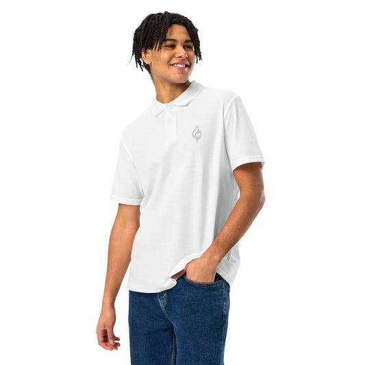 Male model close-up angled pose wearing Ciao Cult Tonal White-on-White Signature Flame Polo, tonal embroidered flame emblem on chest.