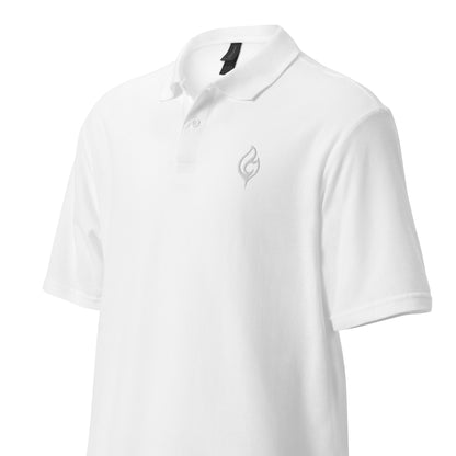 Product-only invisible mannequin mockup of Ciao Cult Tonal White-on-White Signature Flame Polo, angled front view highlighting tonal logo.