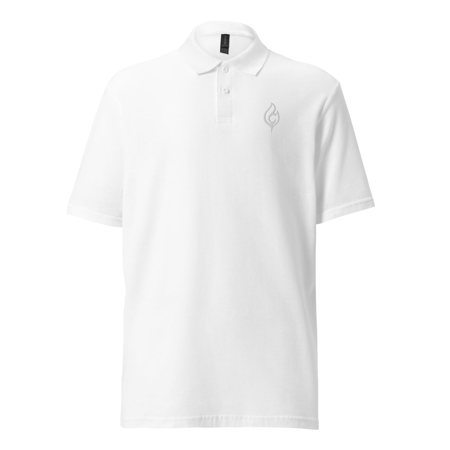 Product-only front view of Ciao Cult Tonal White-on-White Signature Flame Polo, clean minimalist design with tonal logo and classic collar.
