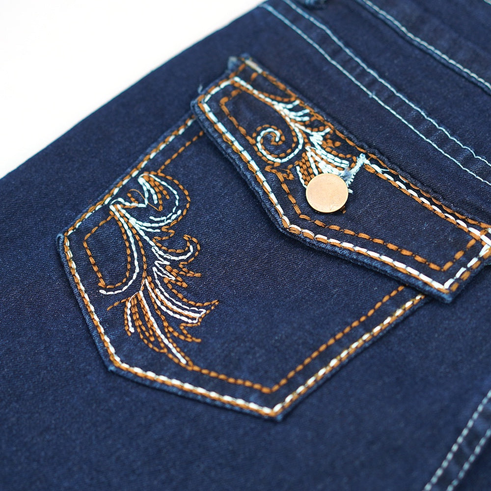 Ciao Cult Vaquera Bootcut Jeans – close-up embroidered design on back pocket dark blue denim