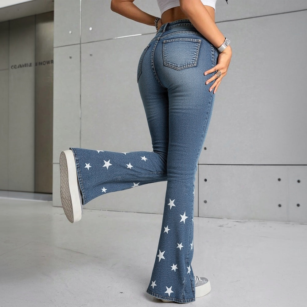 Back view of Ciao Cult Vintage Star Pattern Jeans, model with left leg raised showing flattering fit.