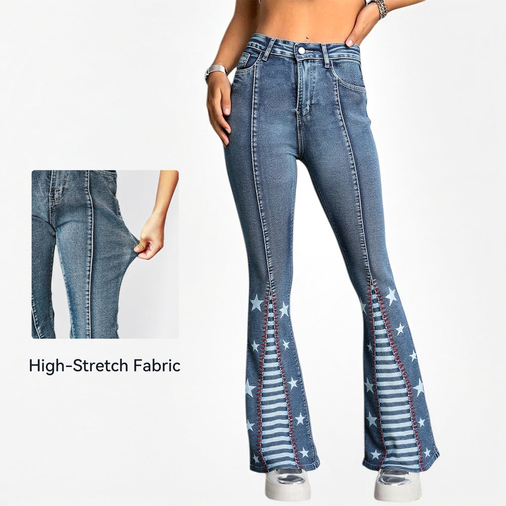Close-up of Ciao Cult Vintage Star Pattern Jeans fabric being stretched, with overlay text “High-Stretch Fabric.”
