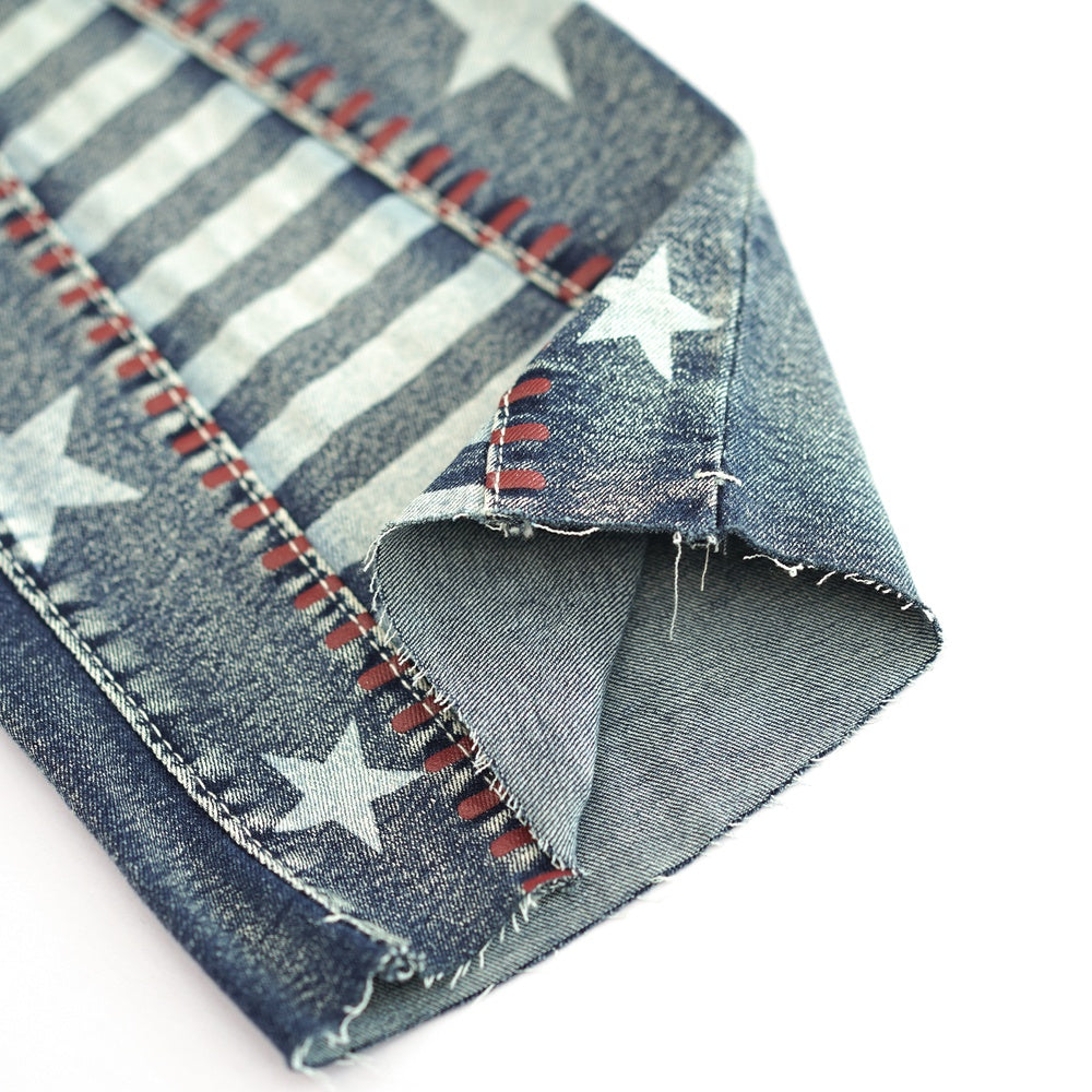 Detailed close-up of Ciao Cult Vintage Star Pattern Jeans leg bottom, featuring stripe and star motif.