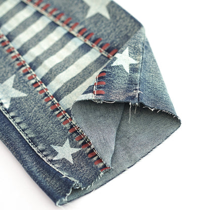 Detailed close-up of Ciao Cult Vintage Star Pattern Jeans leg bottom, featuring stripe and star motif.