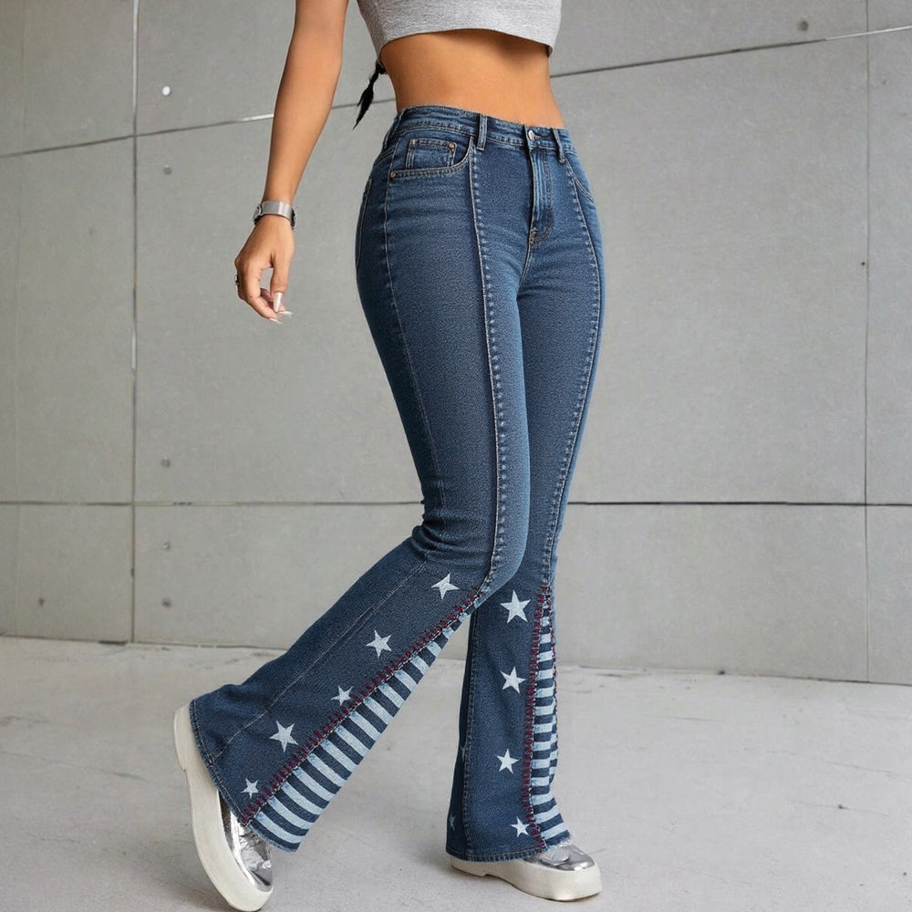 Side view of Ciao Cult Vintage Star Pattern Jeans, model lifting right leg to highlight fit and stretch.