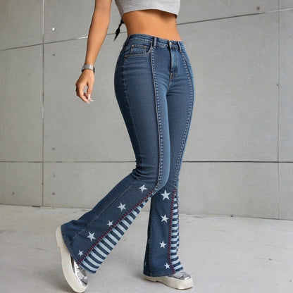 Side view of Ciao Cult Vintage Star Pattern Jeans, model lifting right leg to highlight fit and stretch.