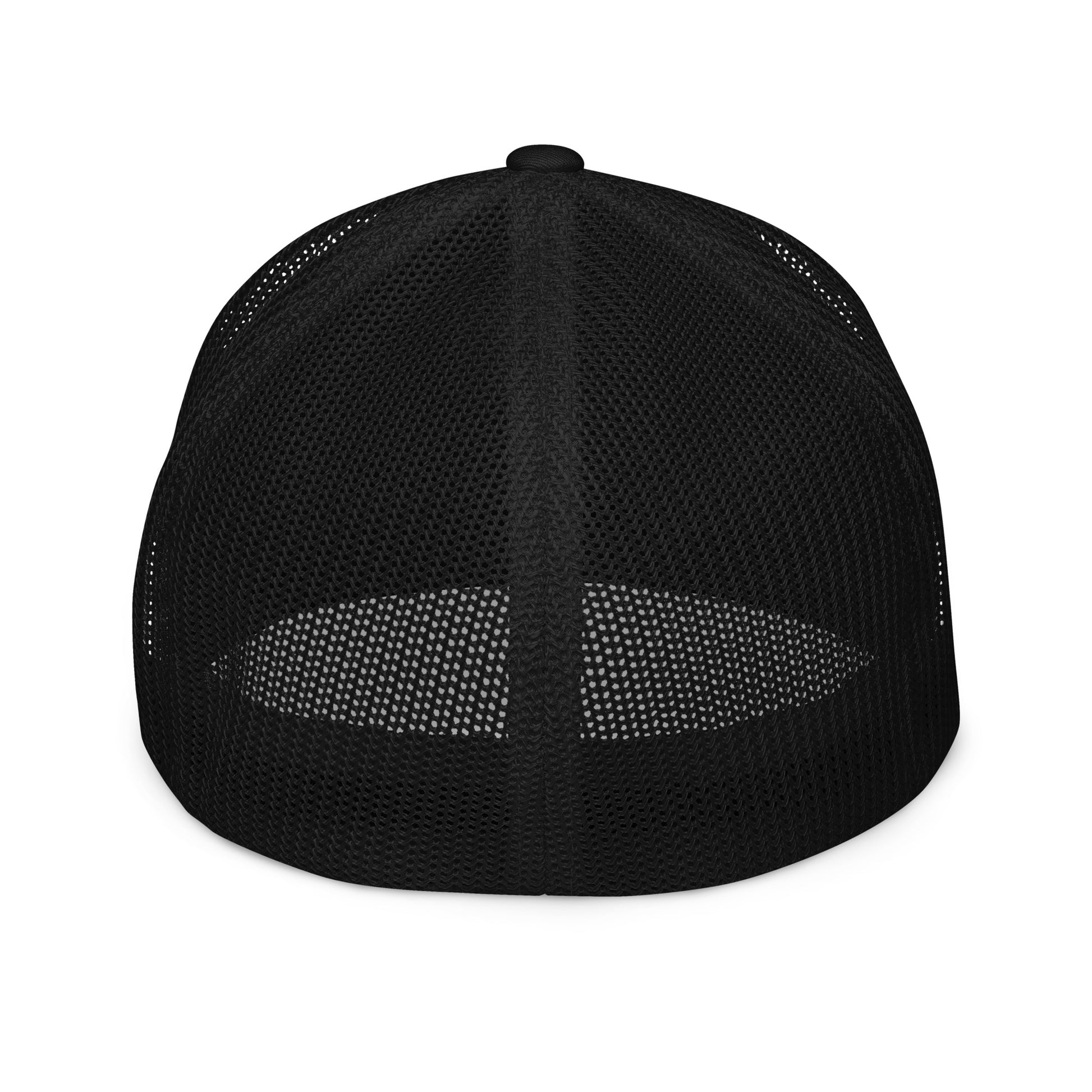 Black closed-back trucker cap with mesh panels and adjustable strap. - Ciao Cult