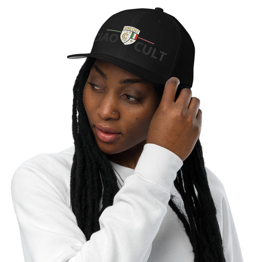 Black closed-back trucker cap with embroidered multicolor Ciao Cult crest on front panel. - Ciao Cult