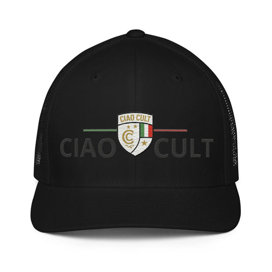 Black closed-back trucker cap with embroidered white and gold crest and mesh back panels. - Ciao Cult