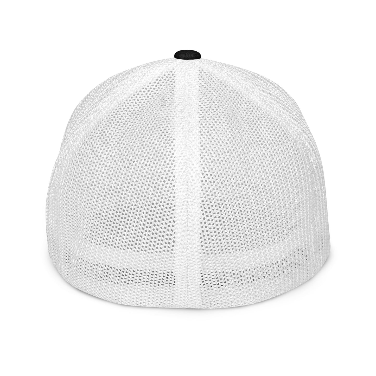White mesh closed-back trucker cap with black button on top and structured panels. - Ciao Cult - Black
