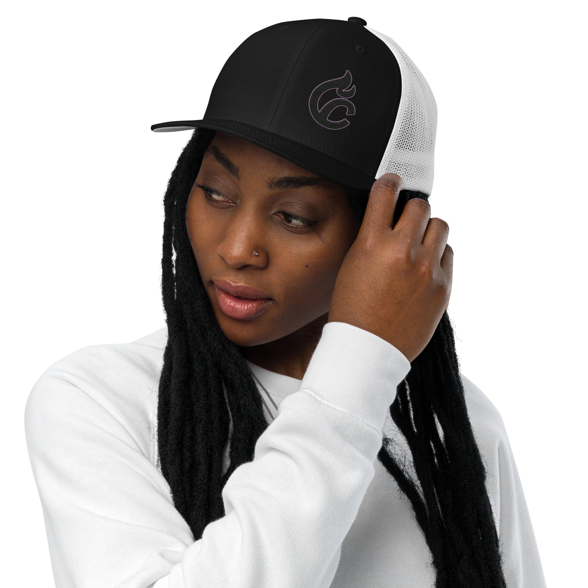 Black and white closed-back trucker cap with embroidered logo on front panel worn by person in white sweatshirt. - Ciao Cult - Black