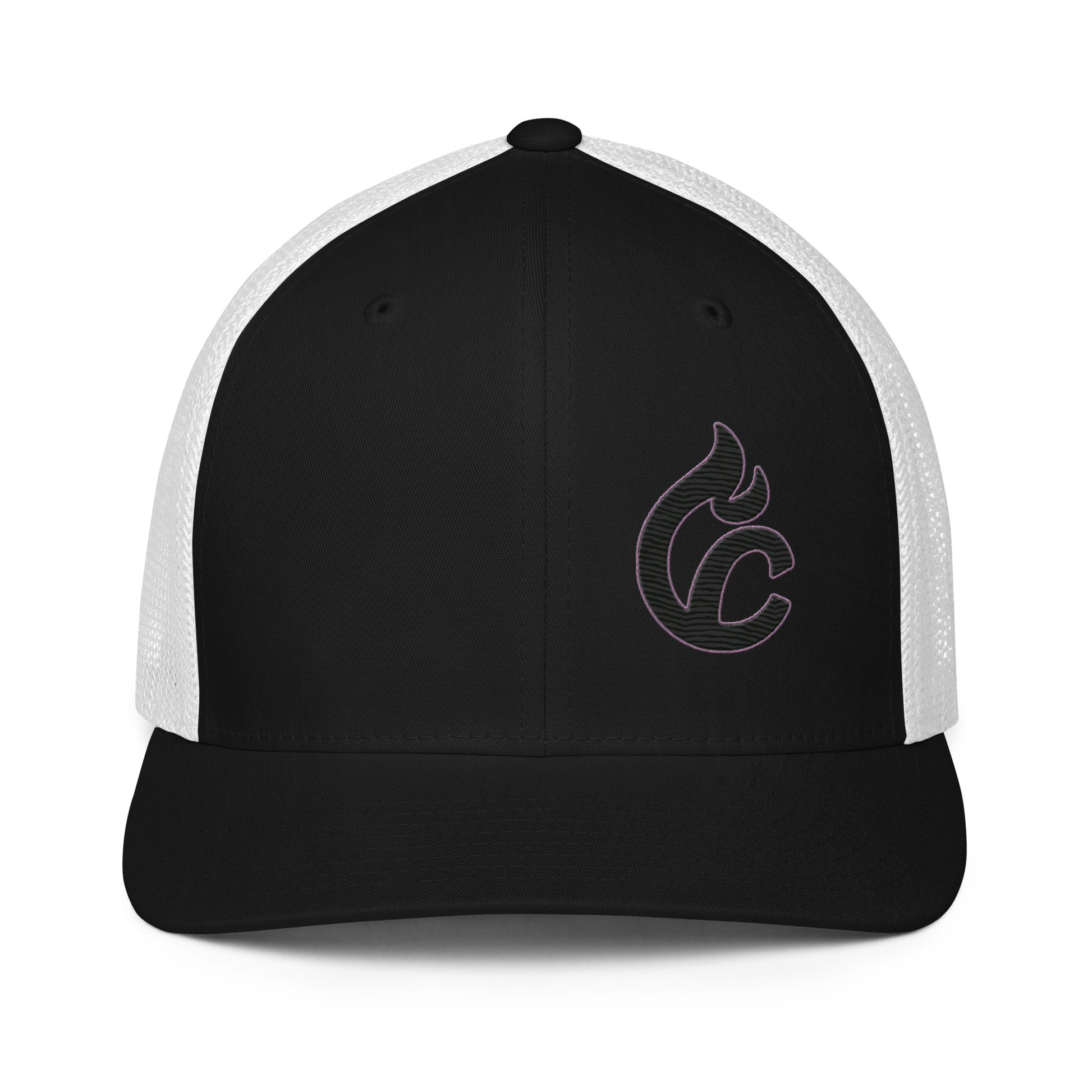 Black and white closed-back trucker cap with embroidered flame logo on front panel. - Ciao Cult - Black