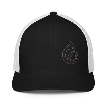 Black and white closed-back trucker cap with embroidered flame logo on front panel. - Ciao Cult - Black