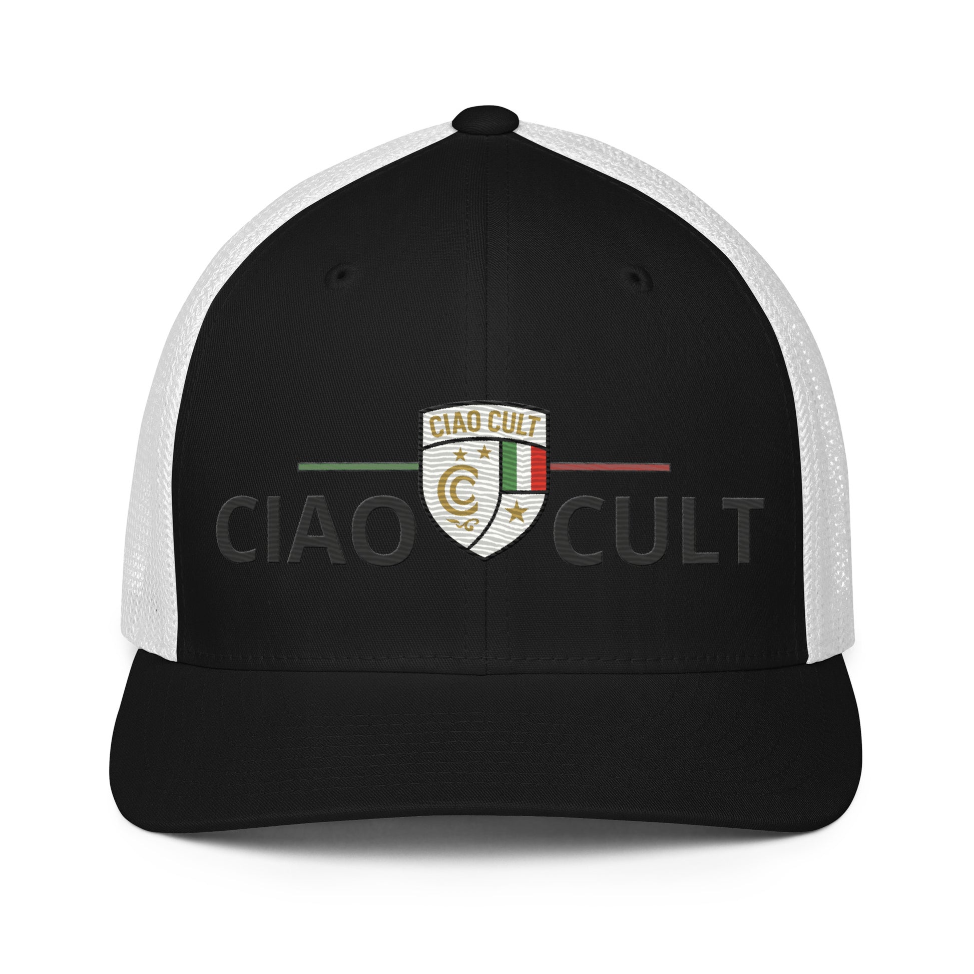 Black and white closed-back trucker cap with embroidered Ciao Cult crest logo on front. - Ciao Cult