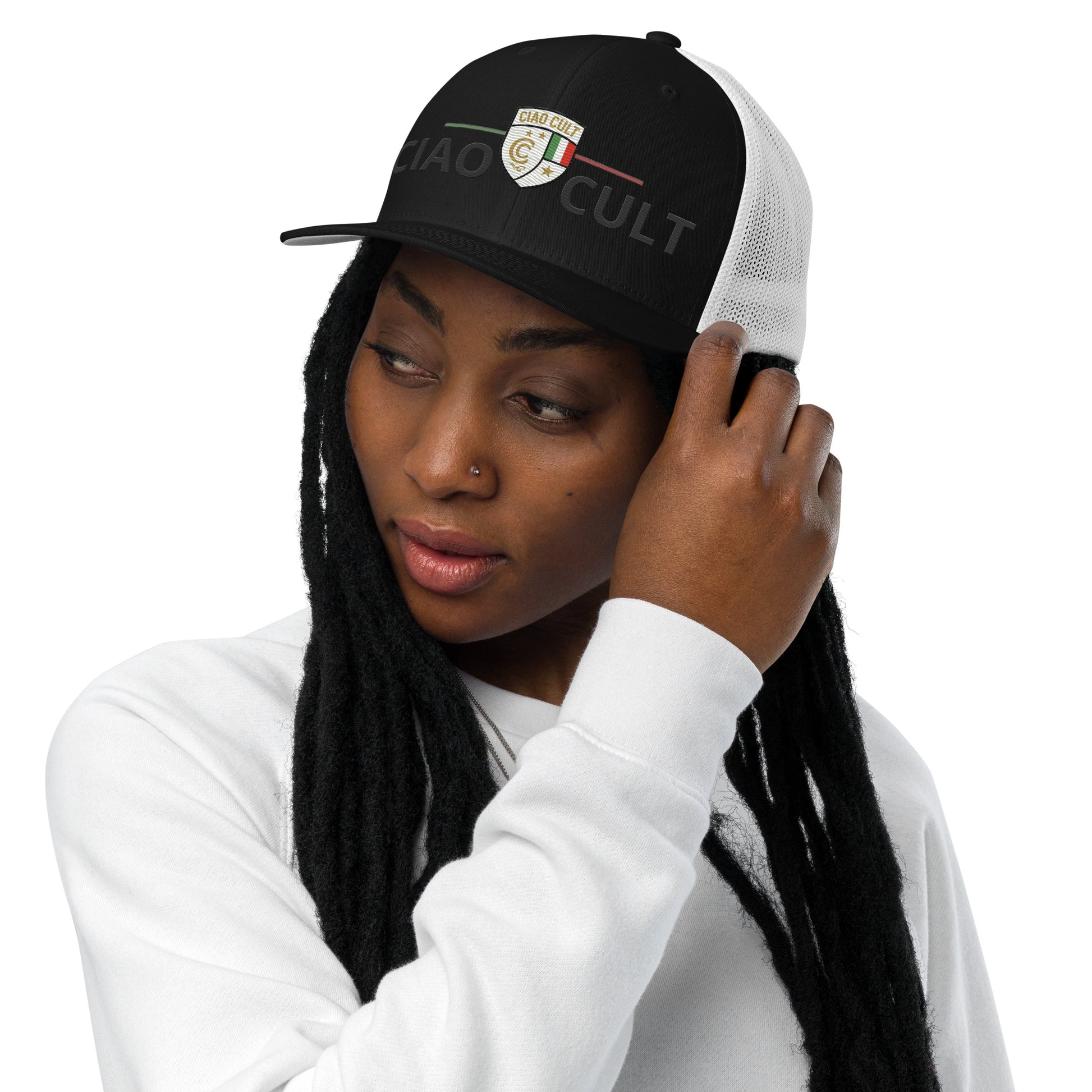 Black and white closed-back trucker cap with embroidered multicolor crest logo and mesh back panels. - Ciao Cult